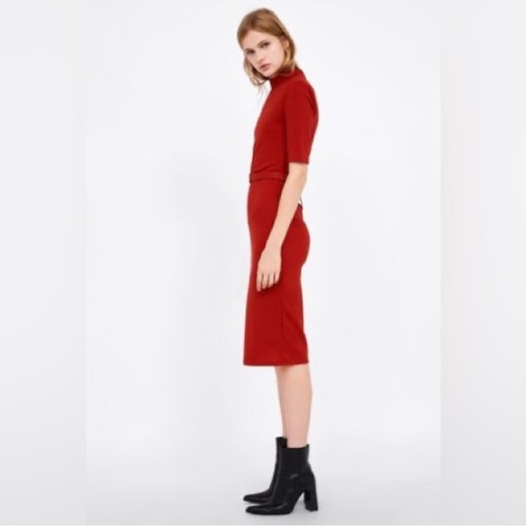 Red Zara mock neck midi dress with belt Size Small - Picture 3 of 8